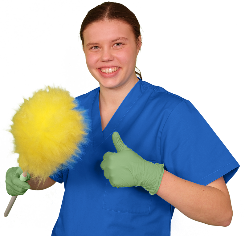 Eine Mitarbeiterin der Unterhaltsreinigung Ulm in blauer Arbeitskleidung mit Daumen hoch