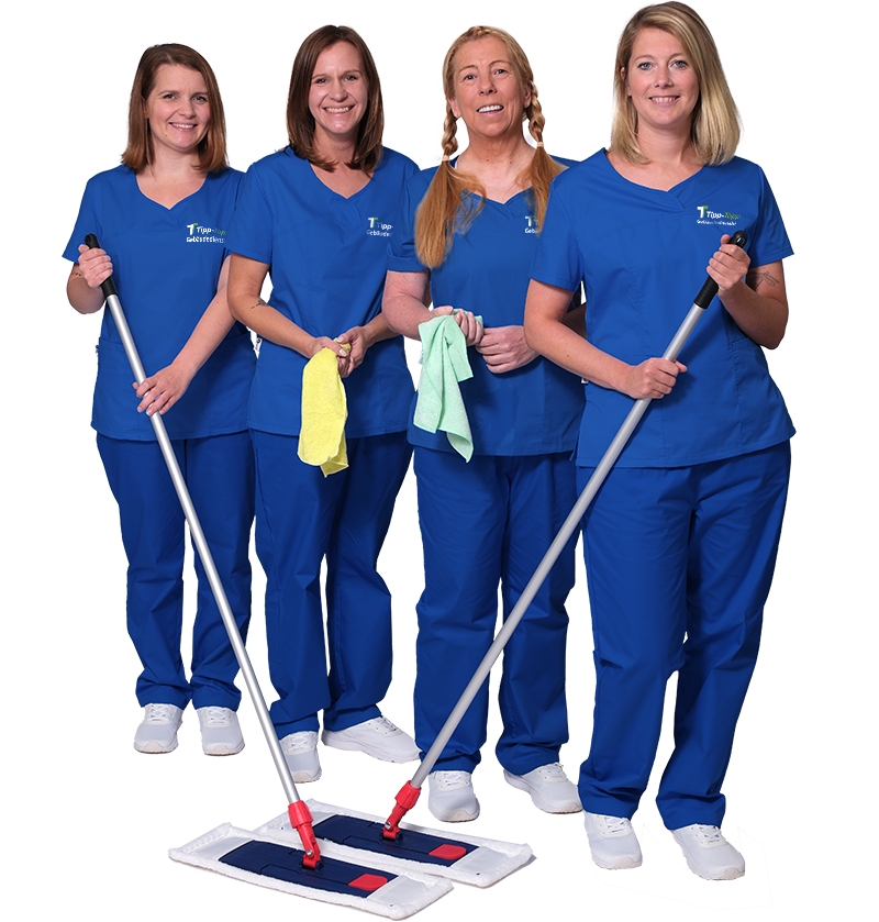 Team von Reinigungskräften im Vorteile einer Mitgliedschaft im Tipp-Topp-Gebäudedienste-Verbund in blauer Arbeitskleidung